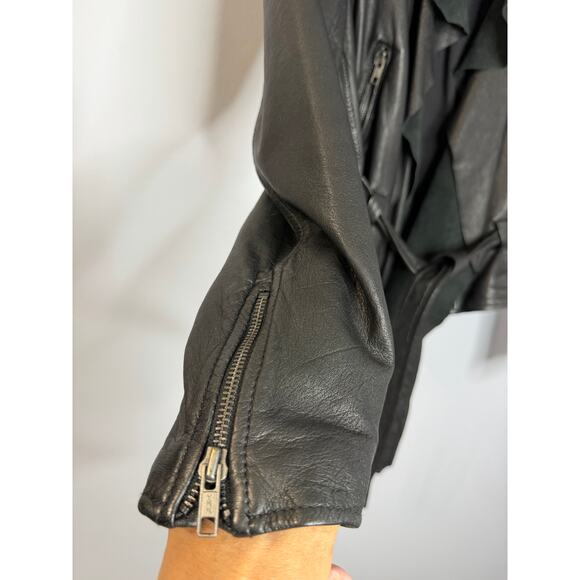 AllSaints Spitalfields Y2K Jacks Place Leather Moto Belted Black Jacket Sz 8 S - Picture 12 of 16